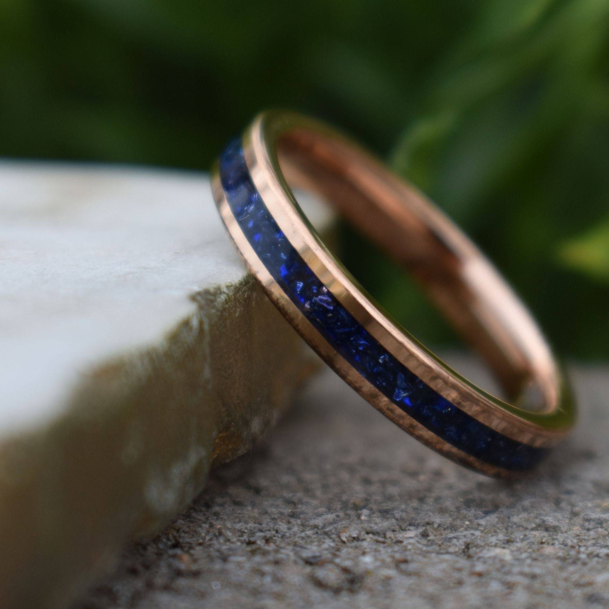 Tungsten 4mm Rose Gold Ring Blue Sapphire German Glass Wedding Band, Womens Ring, Womens Wedding Band - Tungsten Titans