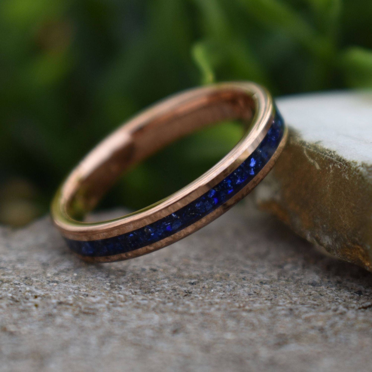 Tungsten 4mm Rose Gold Ring Blue Sapphire German Glass Wedding Band, Womens Ring, Womens Wedding Band - Tungsten Titans