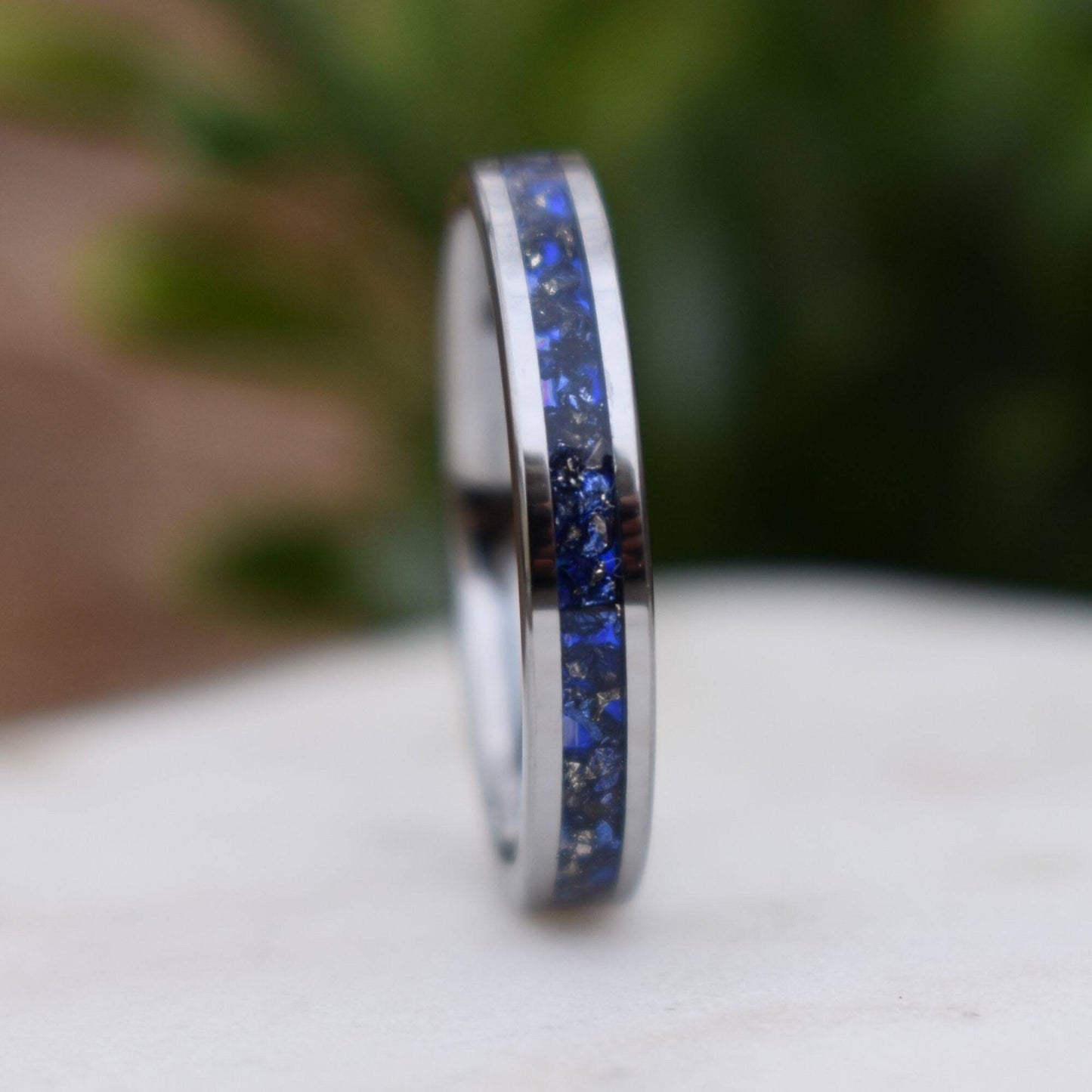 Tungsten 4mm Ring Blue Sapphire German Glass Wedding Band, Womens Ring, Womens Wedding Band - Tungsten Titans