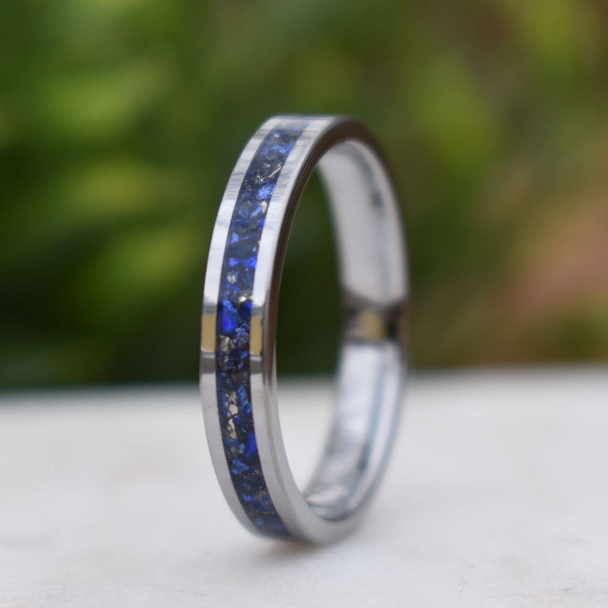 Tungsten 4mm Ring Blue Sapphire German Glass Wedding Band, Womens Ring, Womens Wedding Band - Tungsten Titans