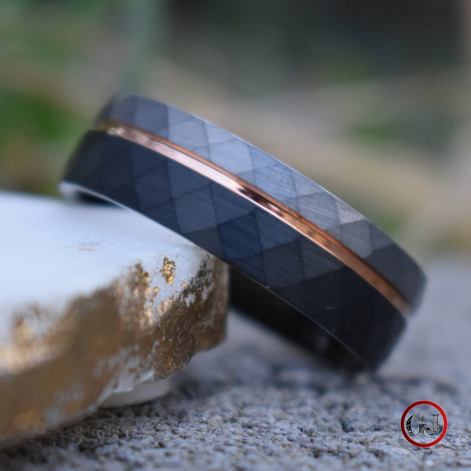 Hammered Tungsten Ring Black and Silver Brushed with Rose Gold Accent, Mens Ring, Mens Wedding Band