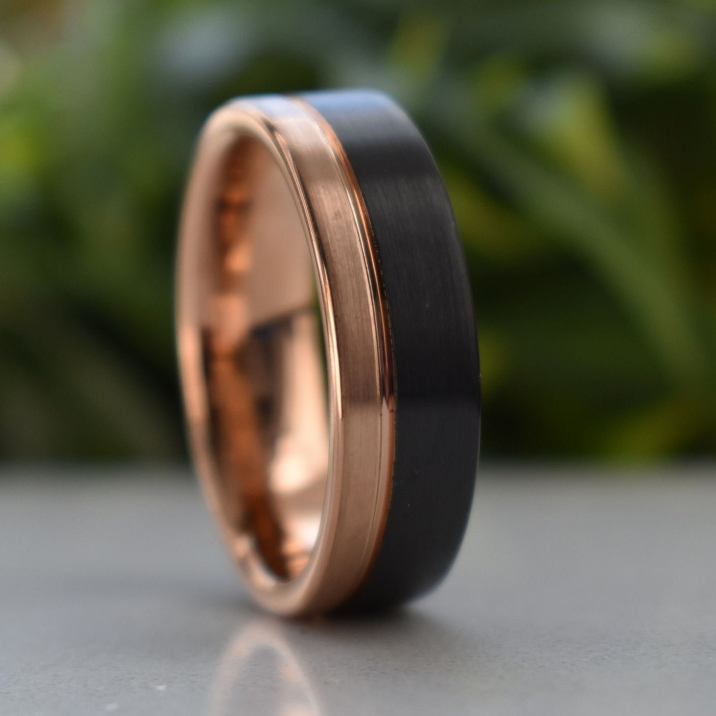 Tungsten Ring 8mm Brushed Black and Rose Gold, Mens Ring, Mens Wedding Band