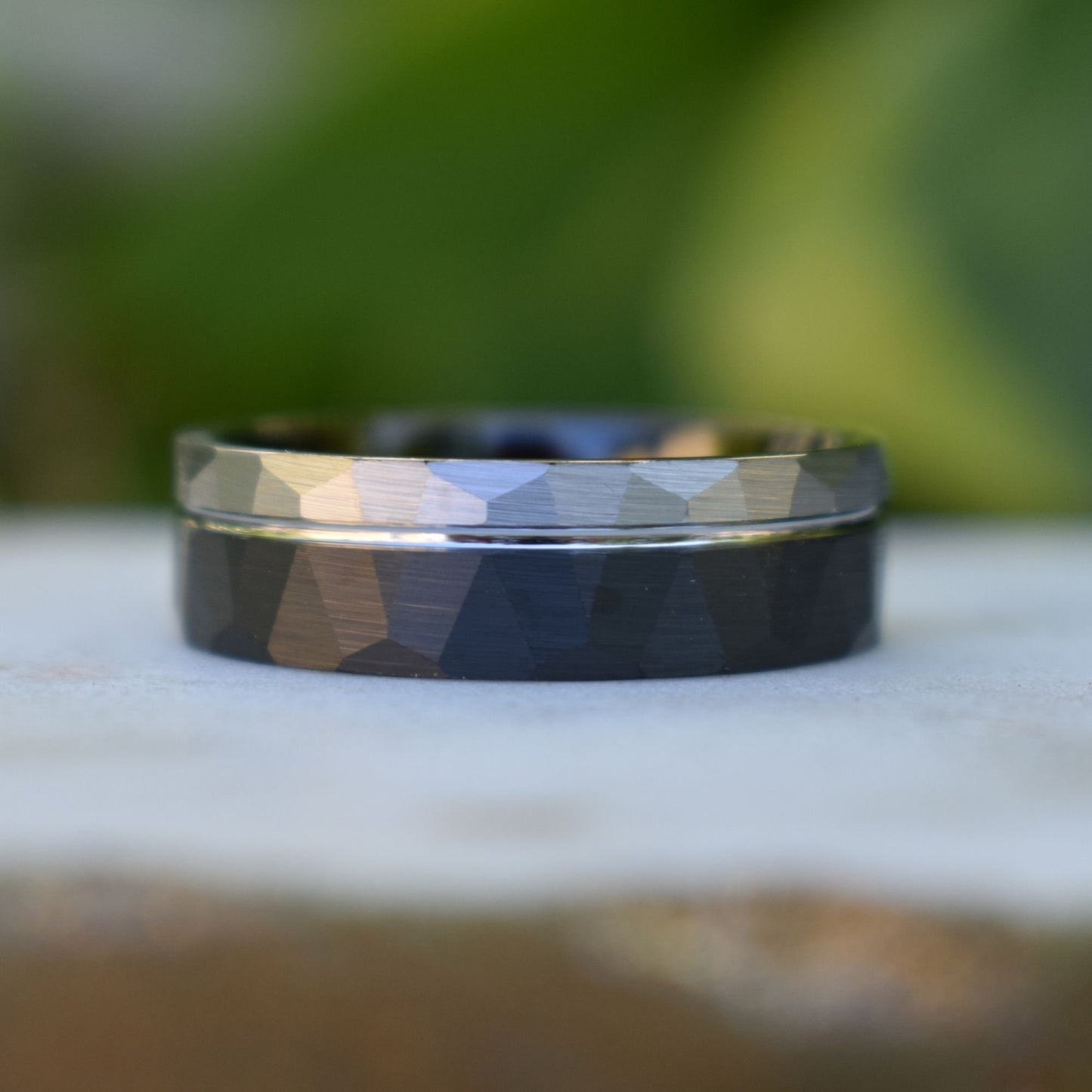 Hammered Tungsten Ring 8mm Black and Silver Brushed with Polished Silver Accent, Mens Ring, Mens Wedding Band