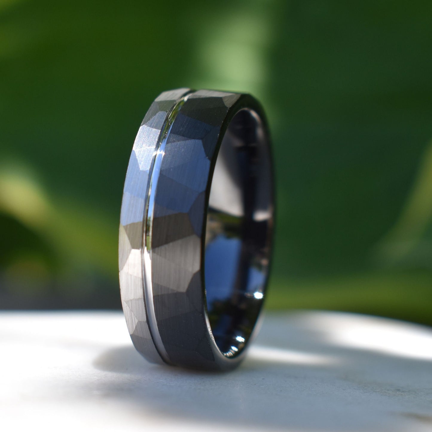Hammered Tungsten Ring 8mm Black and Silver Brushed with Polished Silver Accent, Mens Ring, Mens Wedding Band