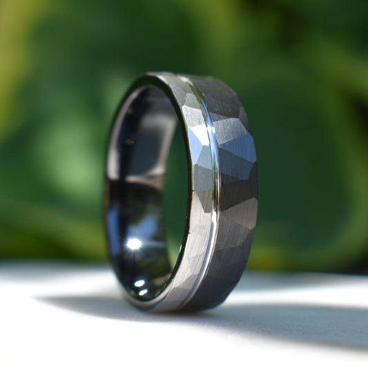 Hammered Tungsten Ring 8mm Black and Silver Brushed with Polished Silver Accent, Mens Ring, Mens Wedding Band