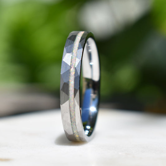 Tungsten 4mm Hammered Ring with Crushed Opal Centre, Wedding Ring, Wedding Band