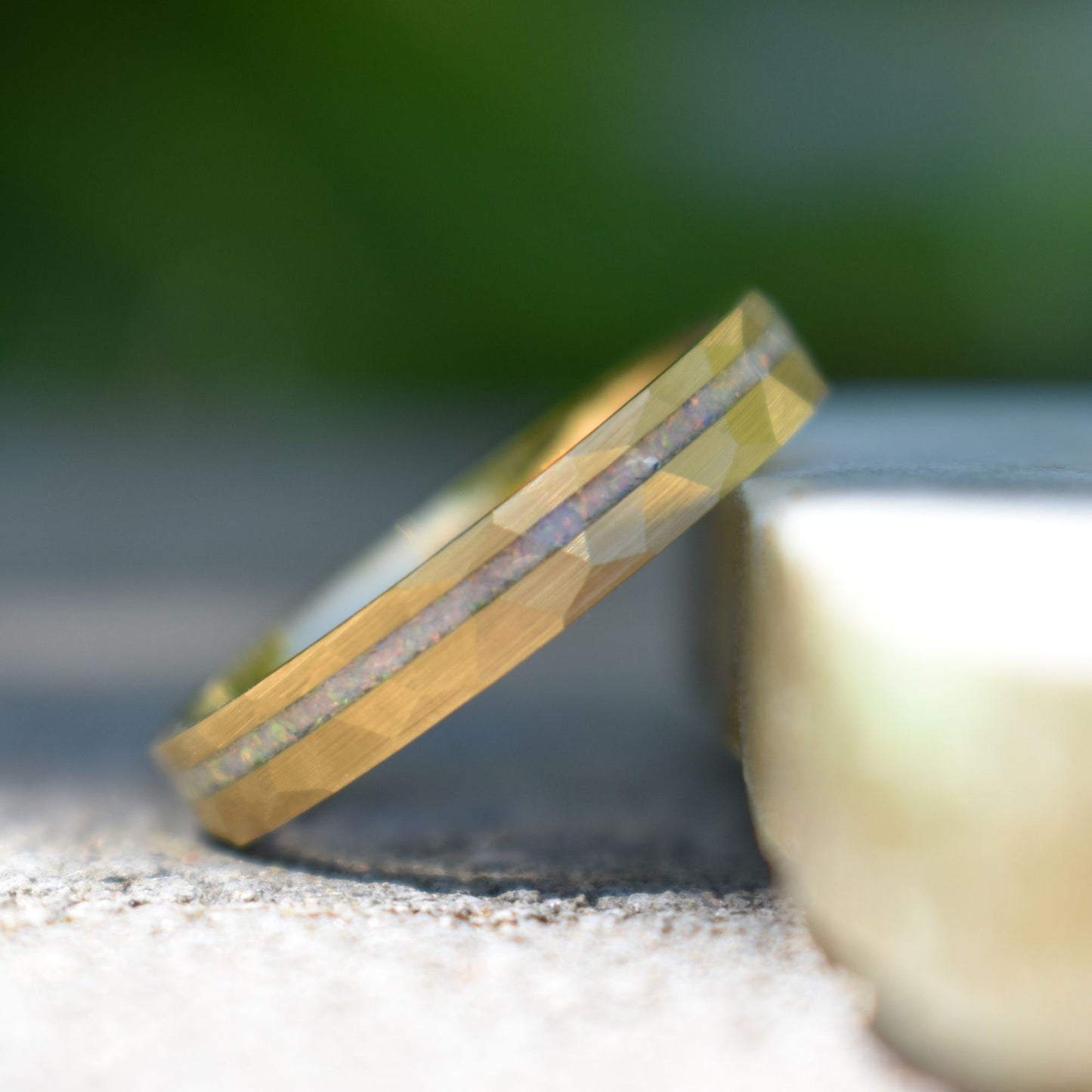 Tungsten 4mm Hammered Yellow Gold Ring with Crushed Opal Centre, Wedding Ring, Wedding Band