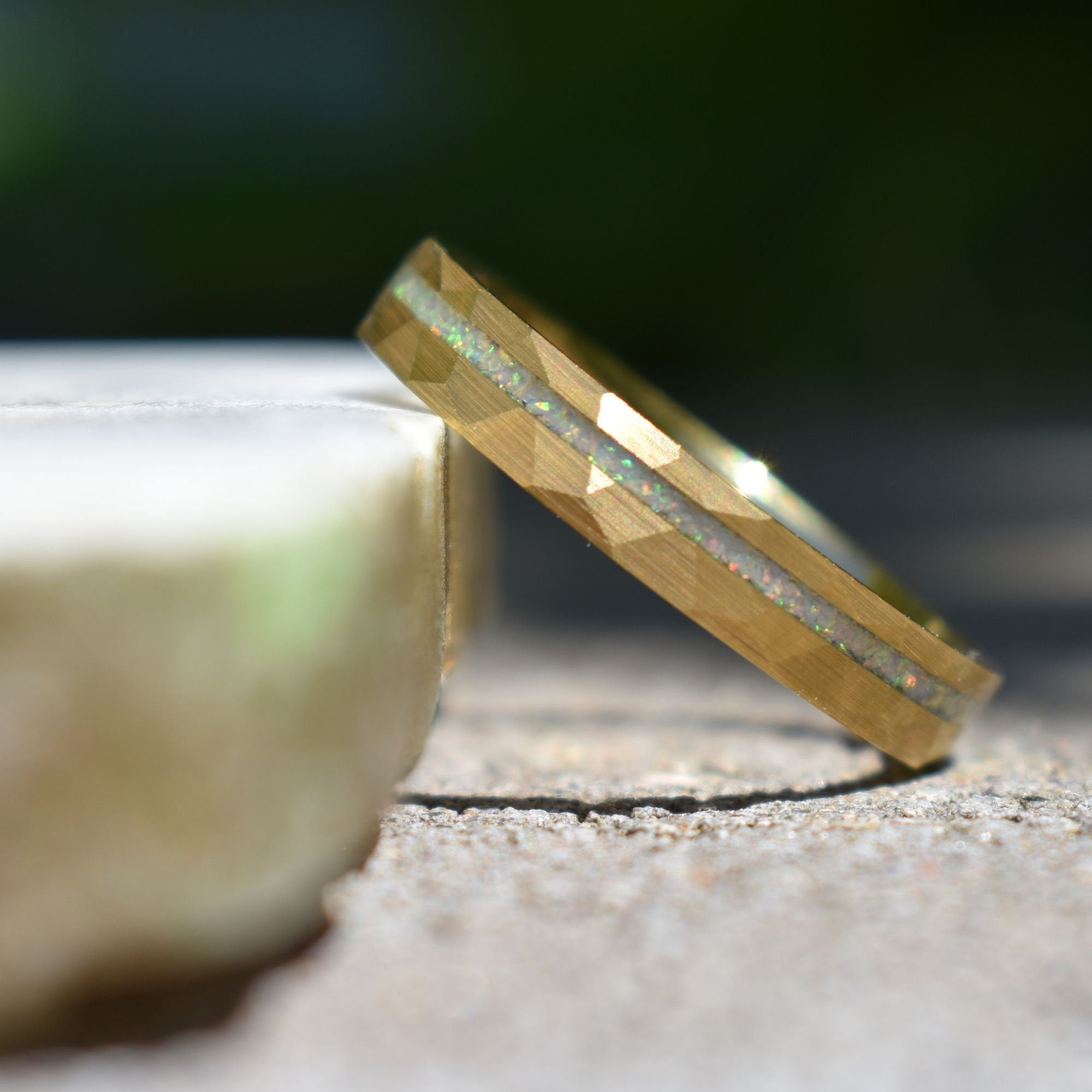 Tungsten 4mm Hammered Yellow Gold Ring with Crushed Opal Centre, Wedding Ring, Wedding Band