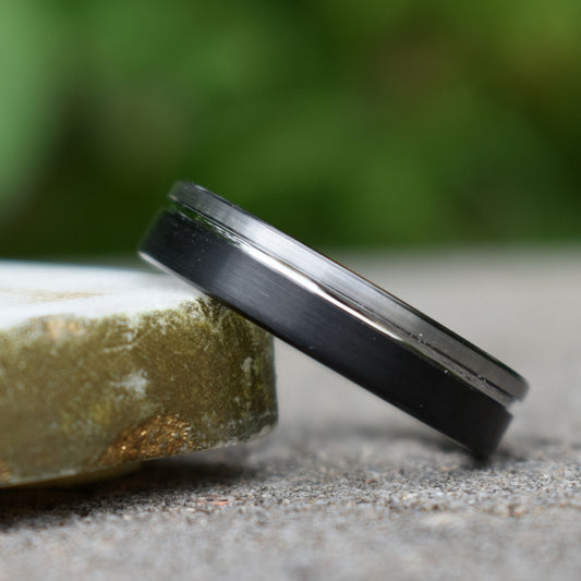 Tungsten Ring 6mm Black and Silver Brushed with Polished Silver Accent, Mens Ring, Mens Wedding Band