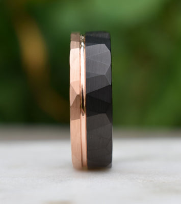 Hammered Tungsten Ring 8mm Black and Rose Gold Brushed with Polished Rose Gold Accent, Mens Ring, Mens Wedding Band