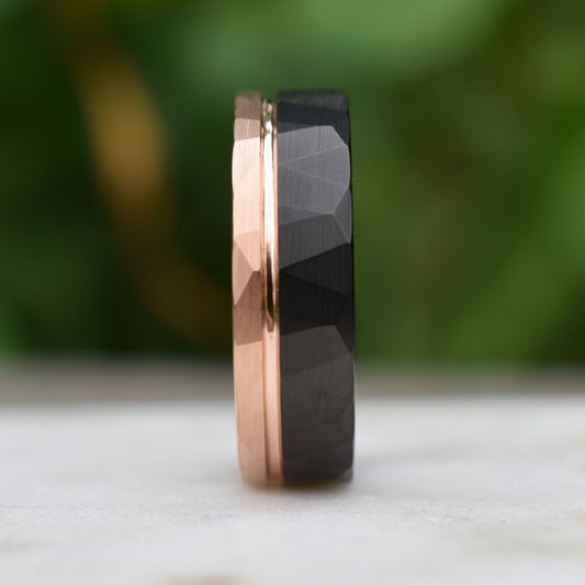 Hammered Tungsten Ring 8mm Black and Rose Gold Brushed with Polished Rose Gold Accent, Mens Ring, Mens Wedding Band