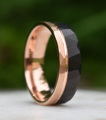 Hammered Tungsten Ring 8mm Black and Rose Gold Brushed with Polished Rose Gold Accent, Mens Ring, Mens Wedding Band