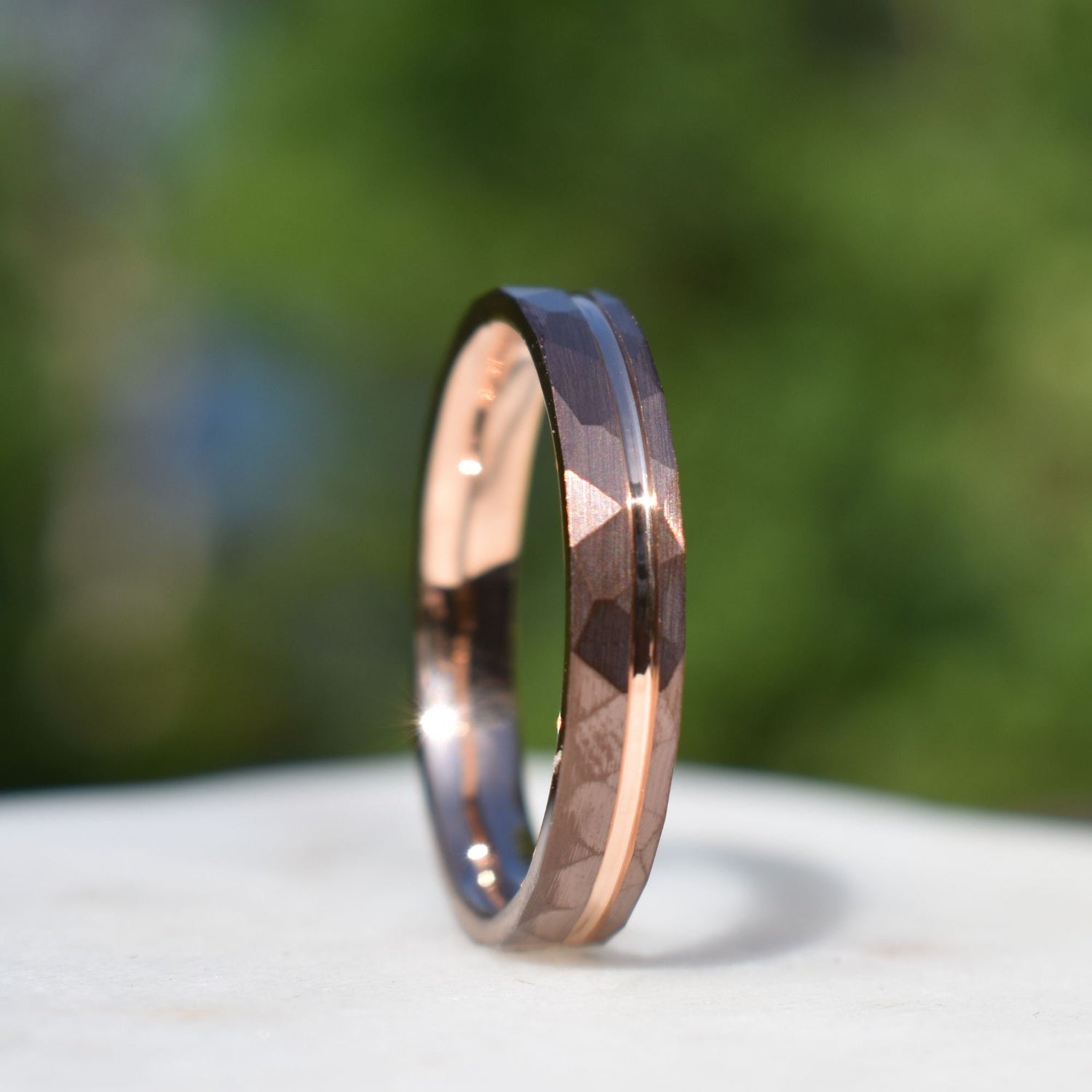 Hammered 4mm Chocolate Tungsten Ring with Rose Gold Accent, Mens Ring, Mens Wedding Band