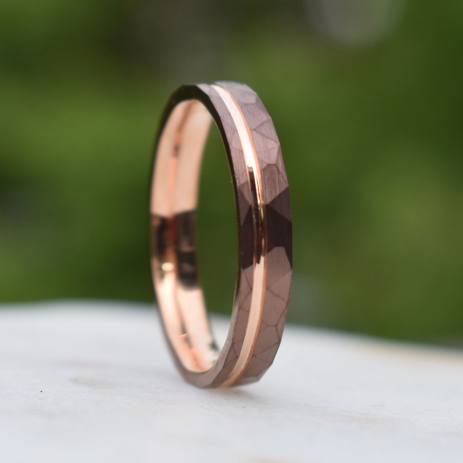 Hammered 4mm Chocolate Tungsten Ring with Rose Gold Accent, Mens Ring, Mens Wedding Band