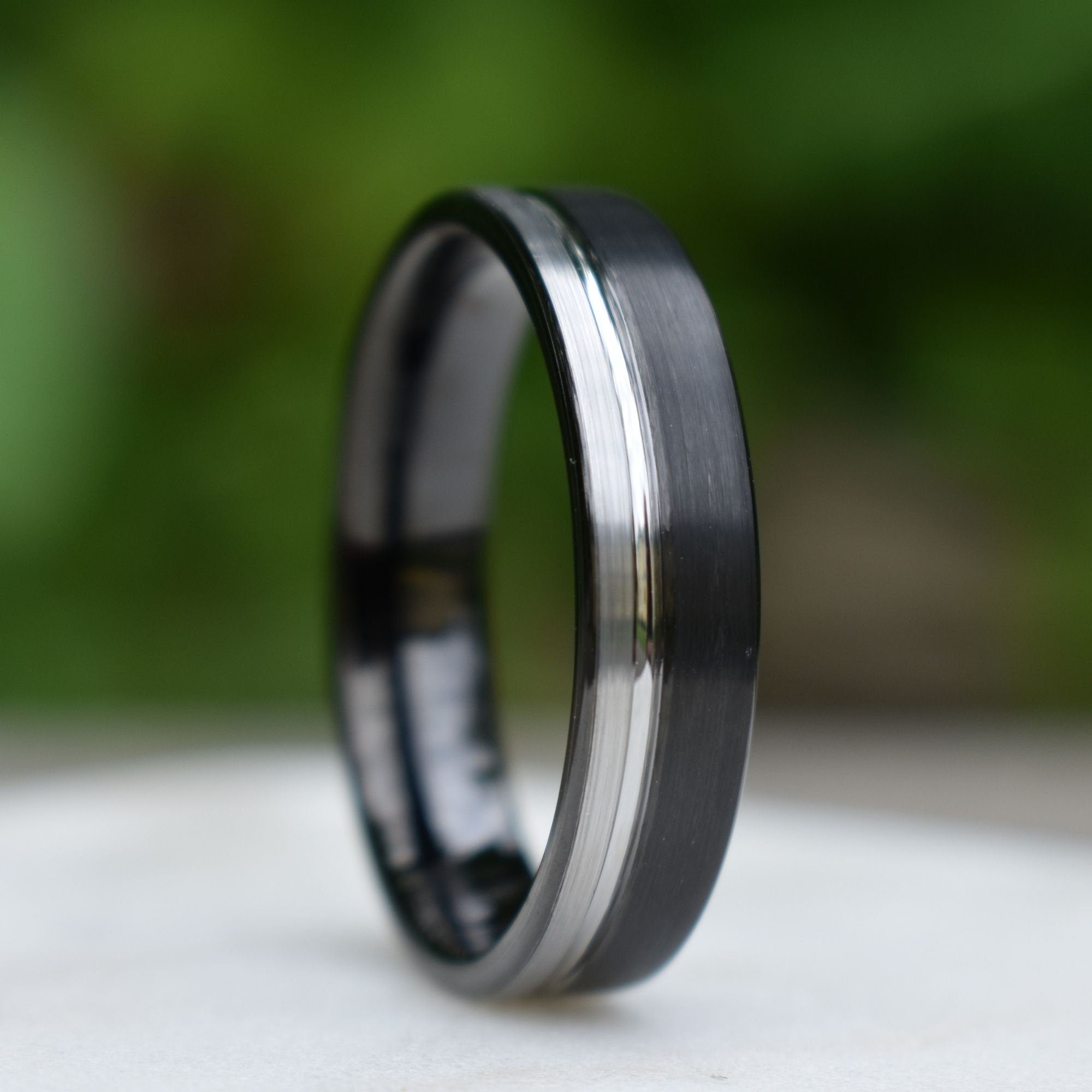 Tungsten Ring 6mm Black and Silver Brushed with Polished Silver Accent, Mens Ring, Mens Wedding Band
