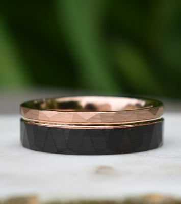 Hammered Tungsten Ring 8mm Black and Rose Gold Brushed with Polished Rose Gold Accent, Mens Ring, Mens Wedding Band