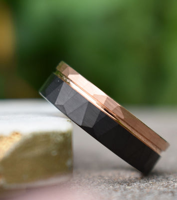 Hammered Tungsten Ring 8mm Black and Rose Gold Brushed with Polished Rose Gold Accent, Mens Ring, Mens Wedding Band