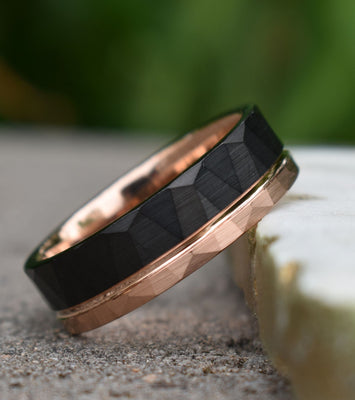 Hammered Tungsten Ring 8mm Black and Rose Gold Brushed with Polished Rose Gold Accent, Mens Ring, Mens Wedding Band