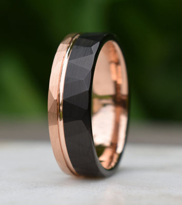 Hammered Tungsten Ring 8mm Black and Rose Gold Brushed with Polished Rose Gold Accent, Mens Ring, Mens Wedding Band