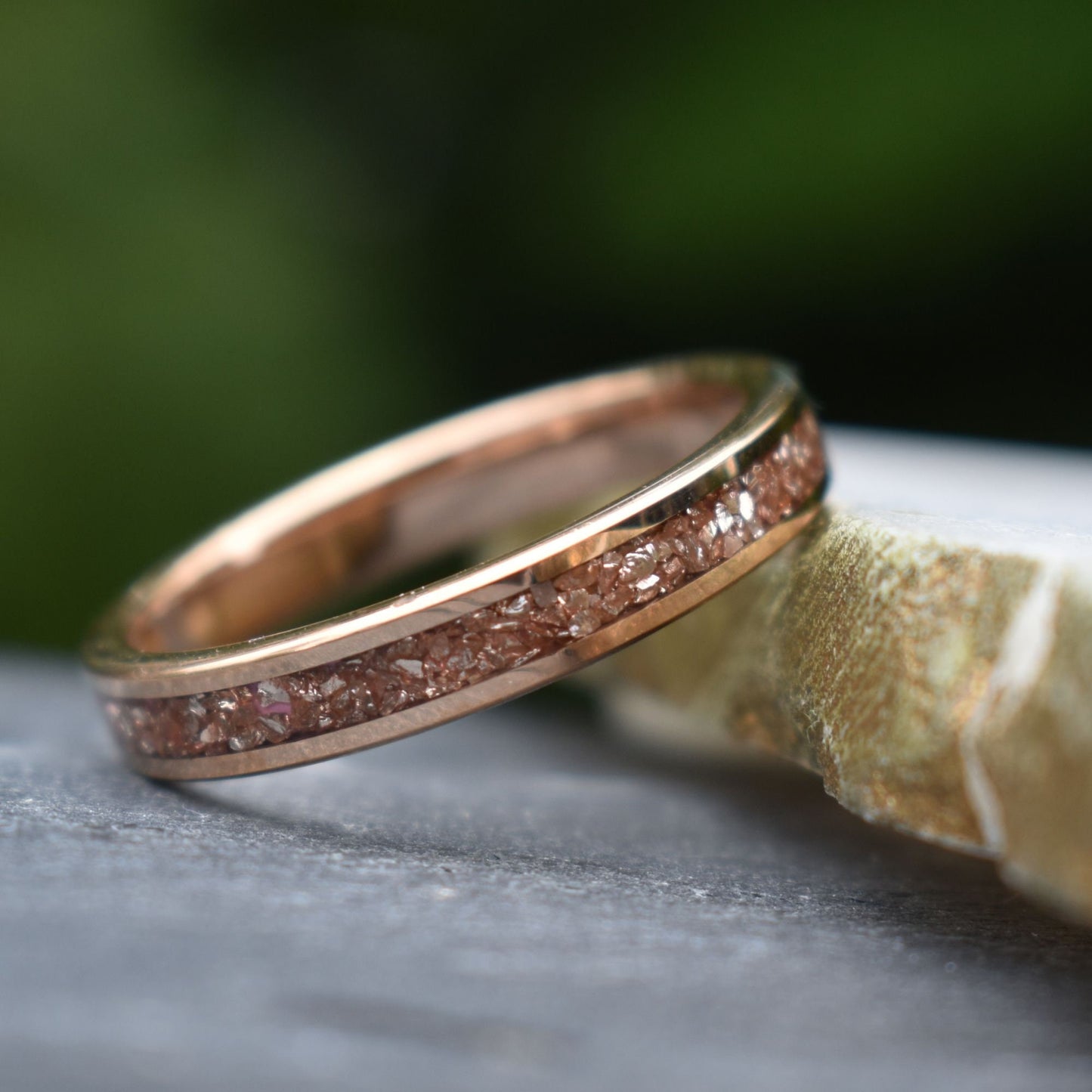 Tungsten 4mm Rose Gold Ring Peachy Pink Morganite German Glass Wedding Band, Womens Ring, Womens Wedding Band