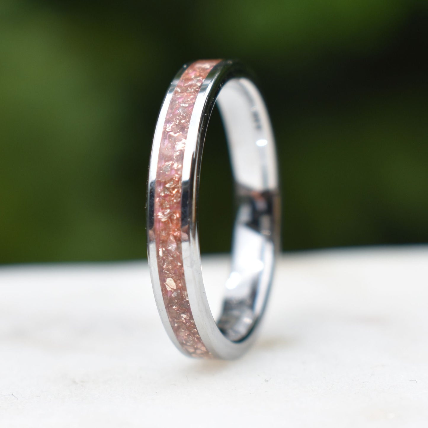 Tungsten 4mm Ring Peachy Pink Morganite German Glass Wedding Band, Womens Ring, Womens Wedding Band