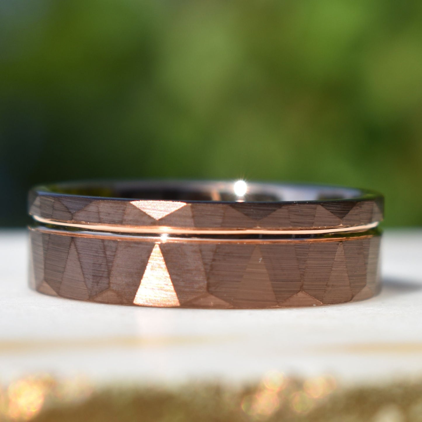 Hammered 8mm Chocolate Tungsten Ring with Rose Gold Accent, Mens Ring, Mens Wedding Band