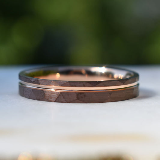 Hammered 4mm Chocolate Tungsten Ring with Rose Gold Accent, Mens Ring, Mens Wedding Band