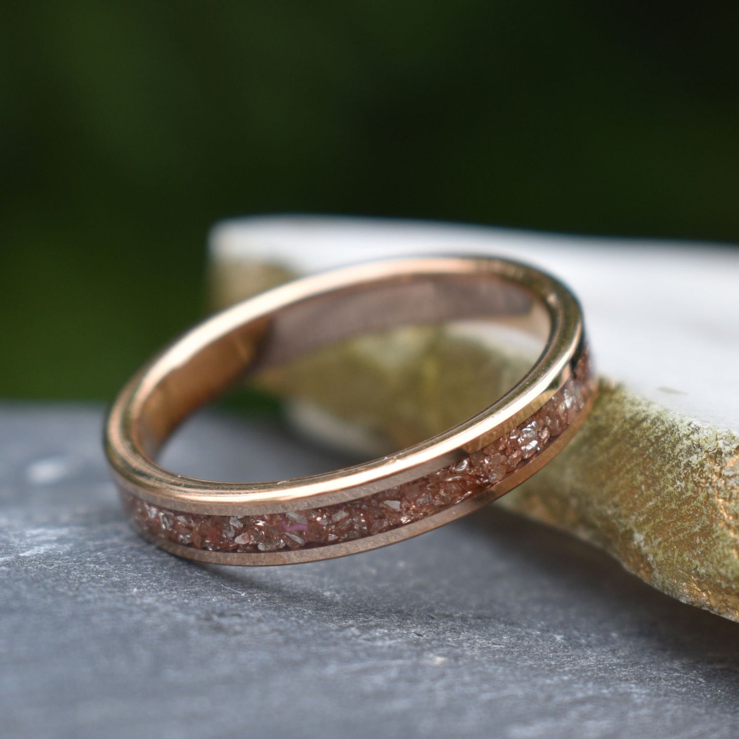Tungsten 4mm Rose Gold Ring Peachy Pink Morganite German Glass Wedding Band, Womens Ring, Womens Wedding Band