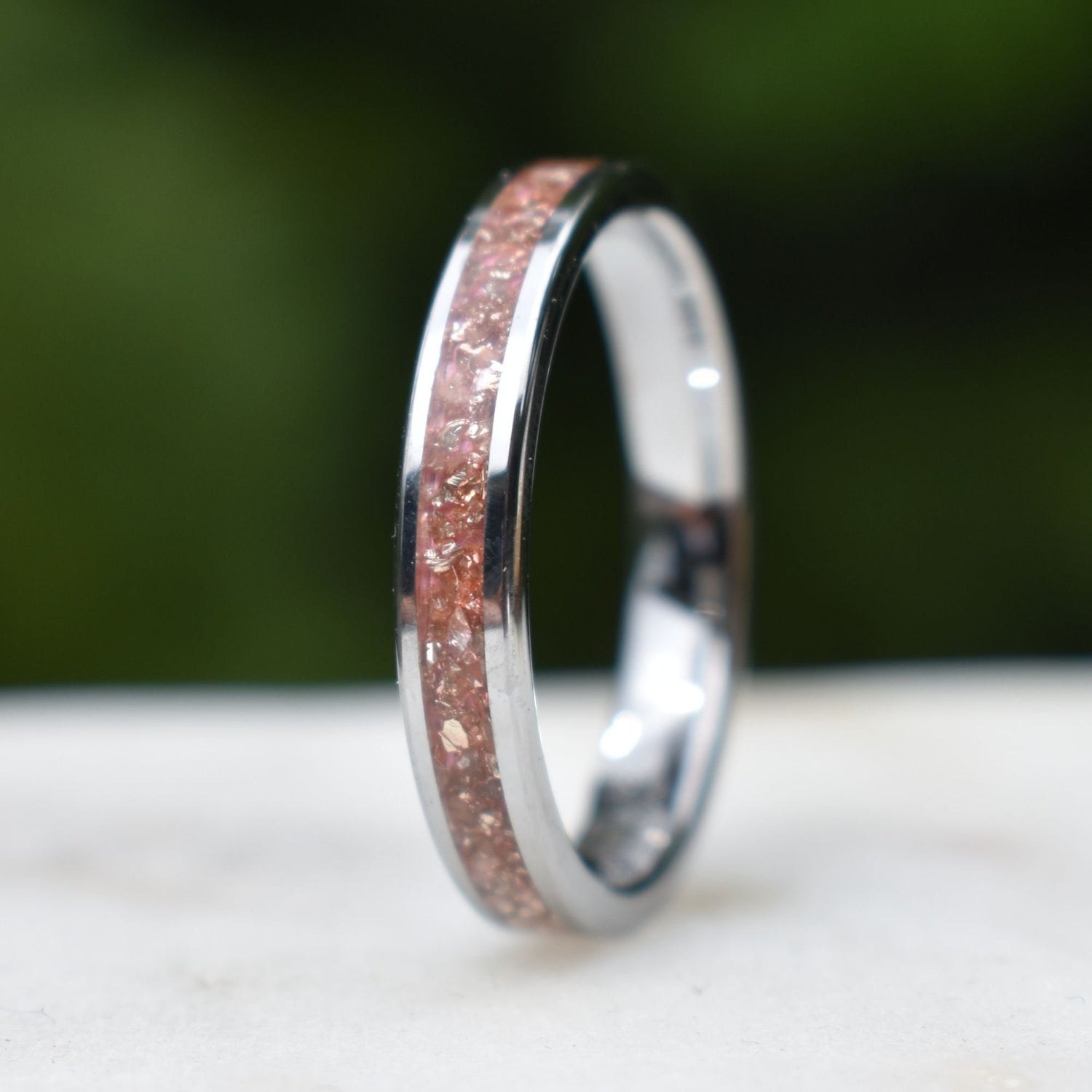 Tungsten 4mm Ring Peachy Pink Morganite German Glass Wedding Band, Womens Ring, Womens Wedding Band