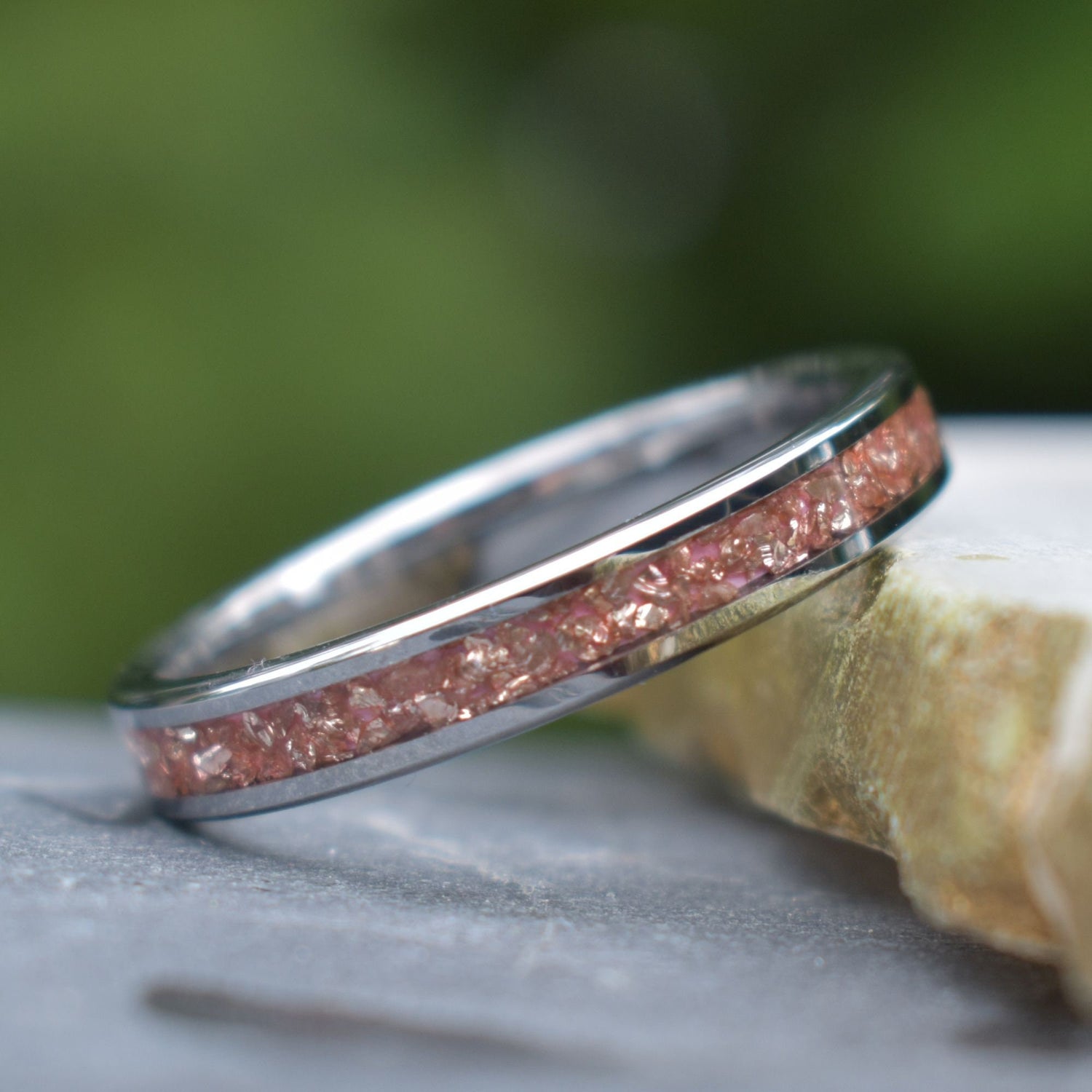 Tungsten 4mm Ring Peachy Pink Morganite German Glass Wedding Band