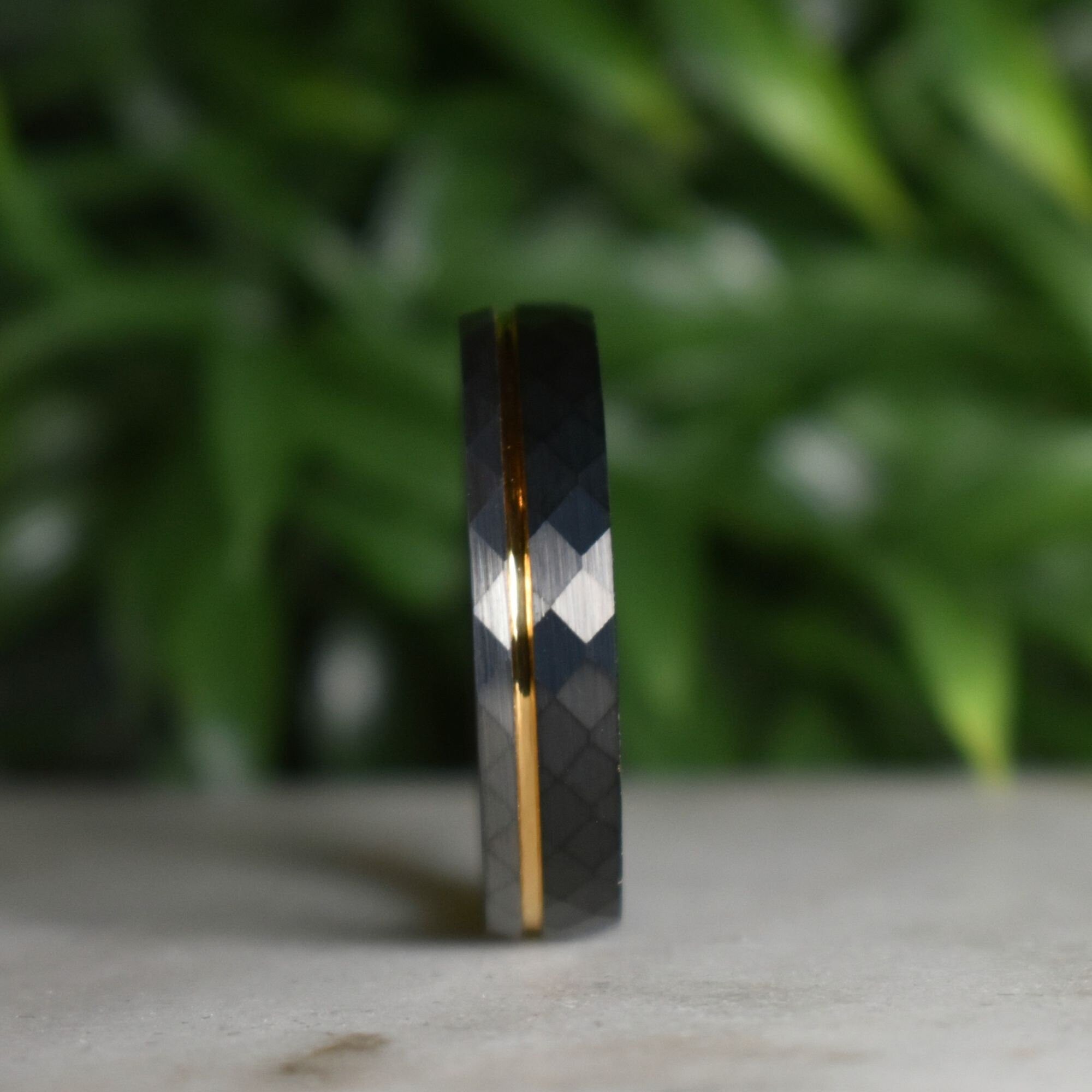 Hammered 6mm Tungsten Ring Black and Silver Brushed with Gold Accent, Mens Ring, Mens Wedding Band