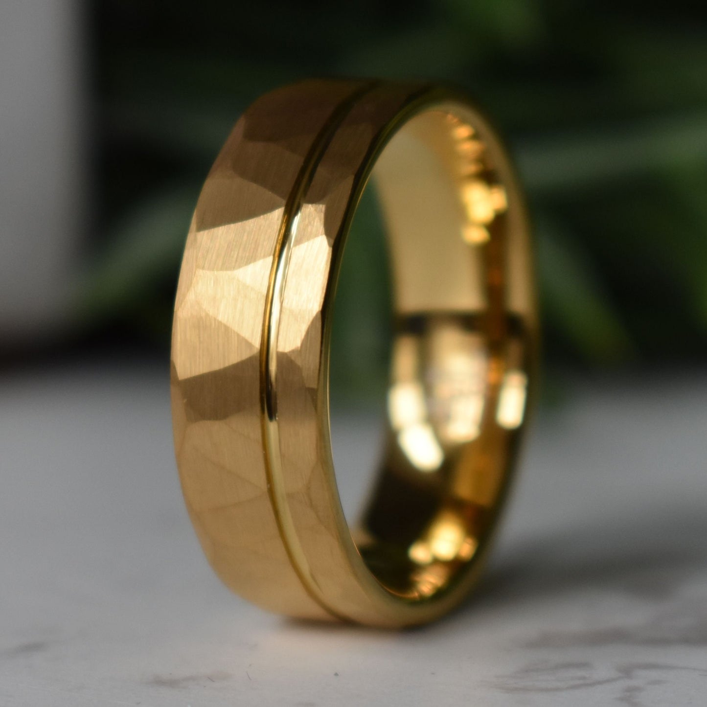 Hammered Tungsten Ring 8mm Gold Brushed with Polished Gold Accent
