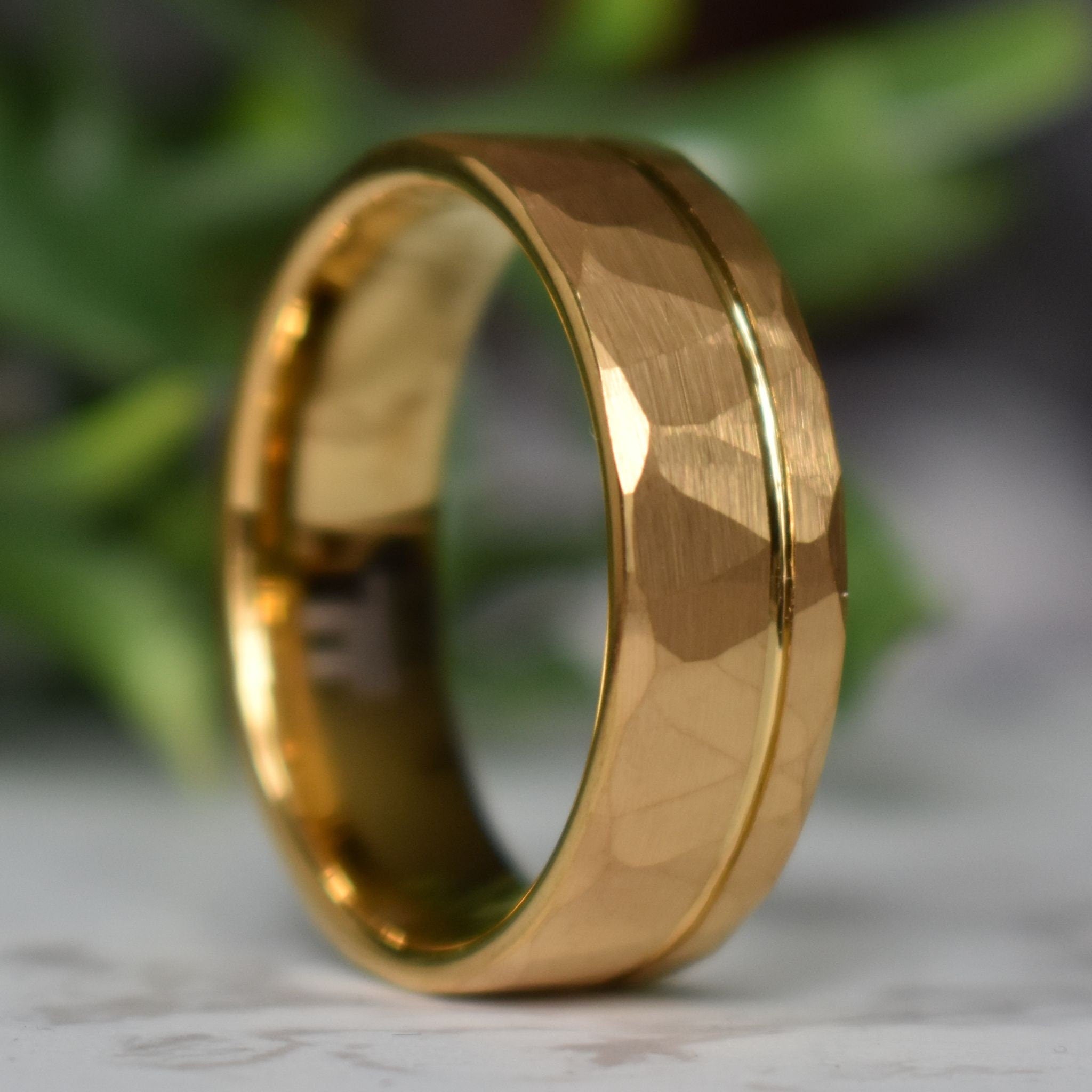 Hammered Tungsten Ring 8mm Gold Brushed with Polished Gold Accent
