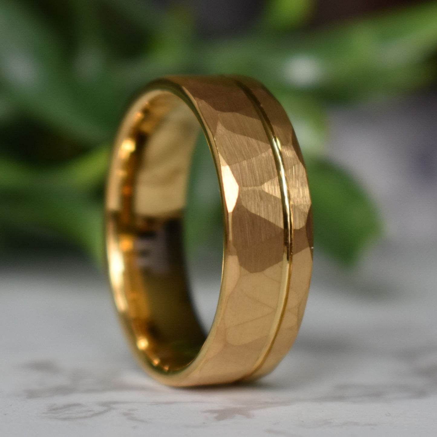Hammered Tungsten Ring 8mm Gold Brushed with Polished Gold Accent