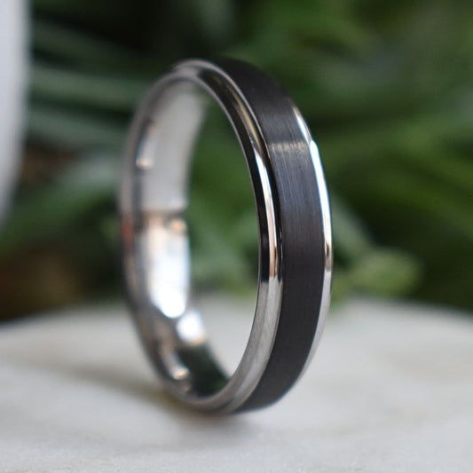 Tungsten 6mm Black Ring with Silver Edges