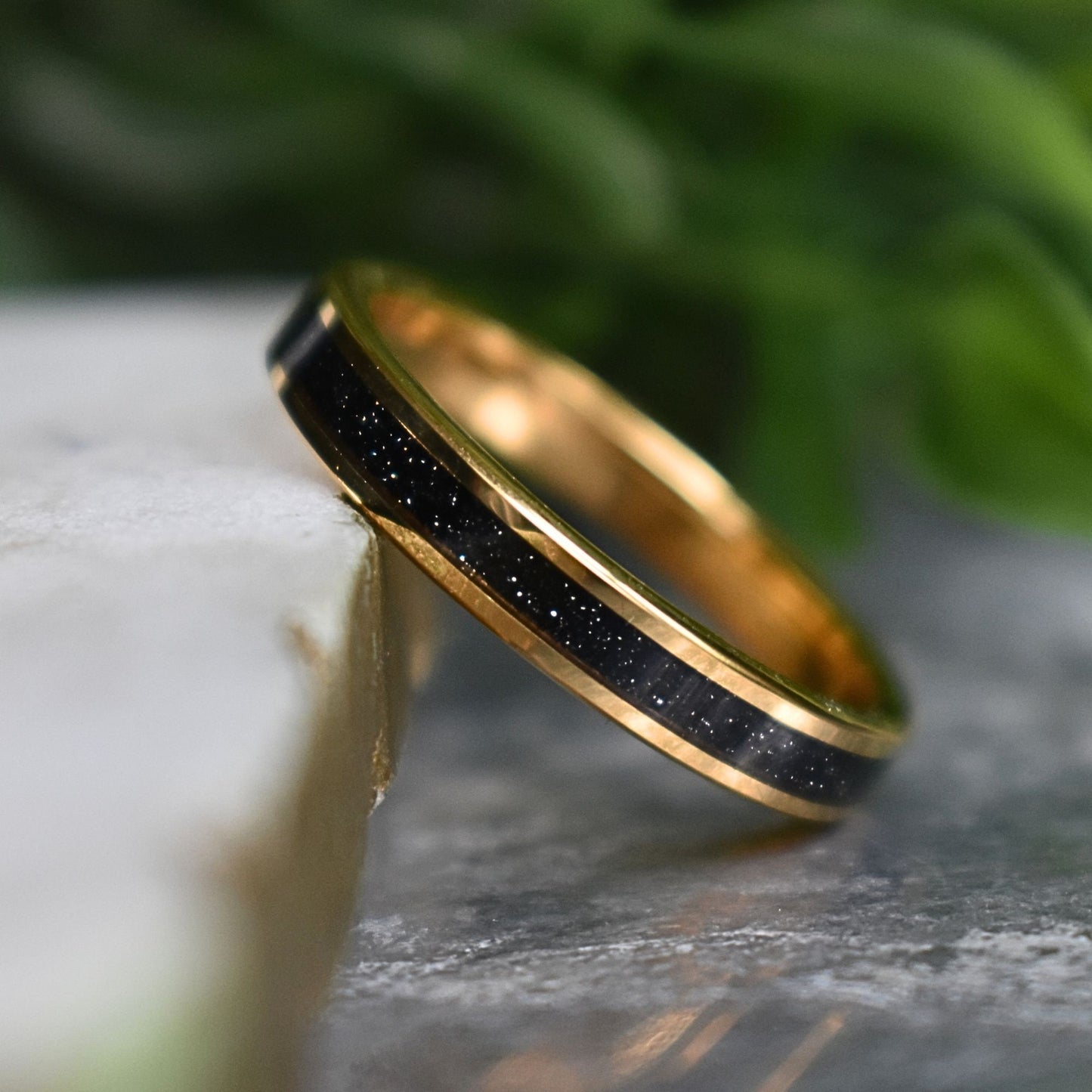 Tungsten Yellow Gold Ring Black Druzy Quartz Wedding Band, Womens Ring, Womens Wedding Band