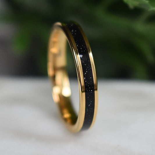 Tungsten Yellow Gold Ring Black Druzy Quartz Wedding Band, Womens Ring, Womens Wedding Band