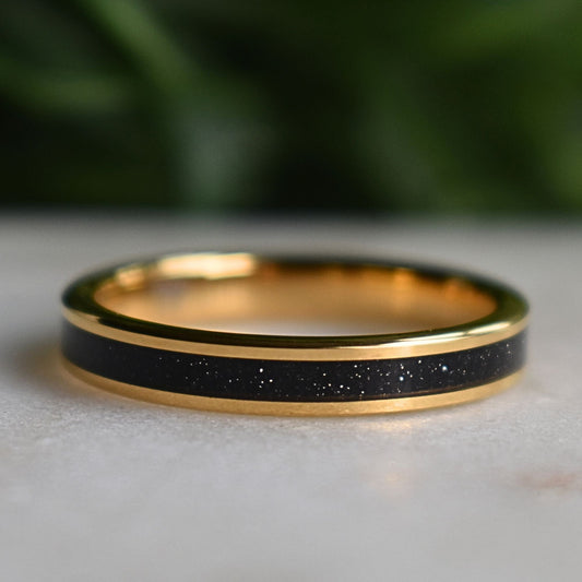 Tungsten Yellow Gold Ring Black Druzy Quartz Wedding Band, Womens Ring, Womens Wedding Band