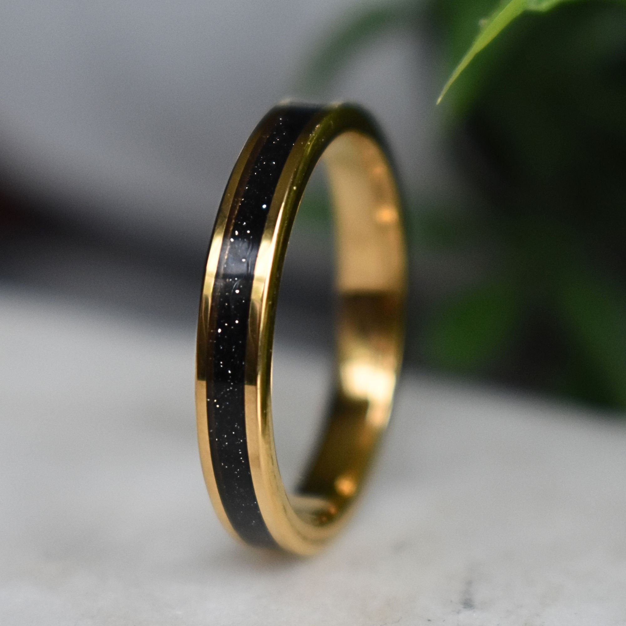 Tungsten Yellow Gold Ring Black Druzy Quartz Wedding Band, Womens Ring, Womens Wedding Band