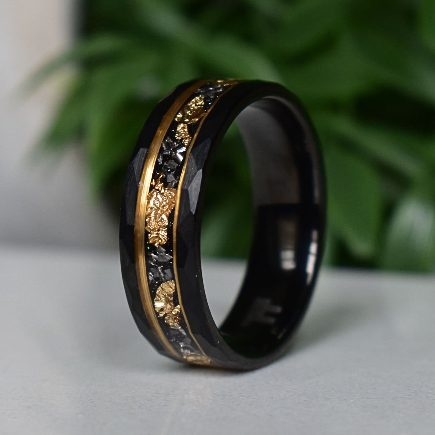 Hammered 8mm Black Tungsten Ring with 22K Gold Leaf and Meteorite Inlay