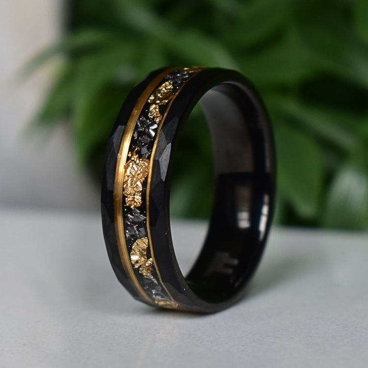 Hammered 8mm Black Tungsten Ring with 22K Gold Leaf and Meteorite Inla ...