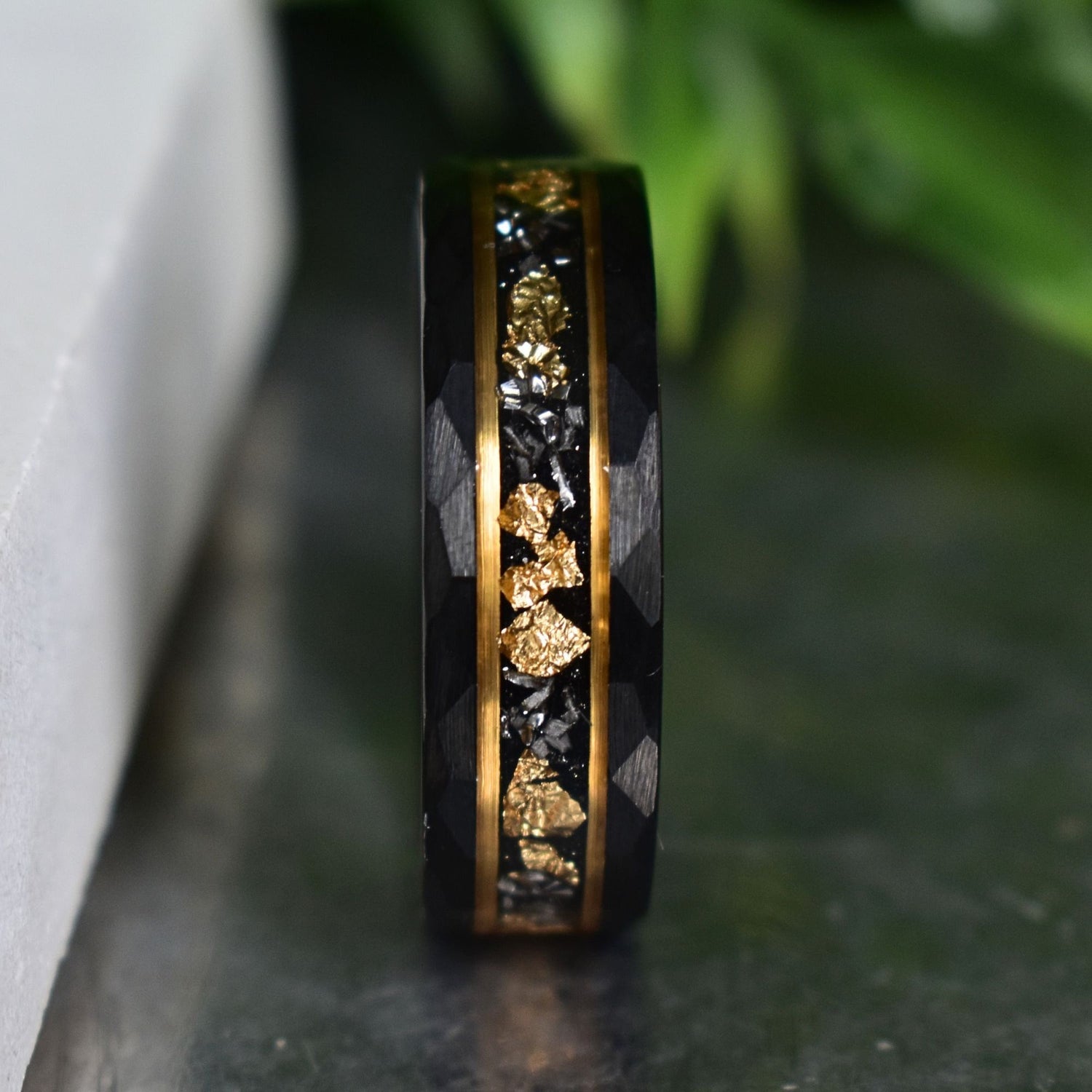 Black Hammered Flat Poseidon Meteorite/Gold Leaf Inlay- Steel Ring 8mm / 15