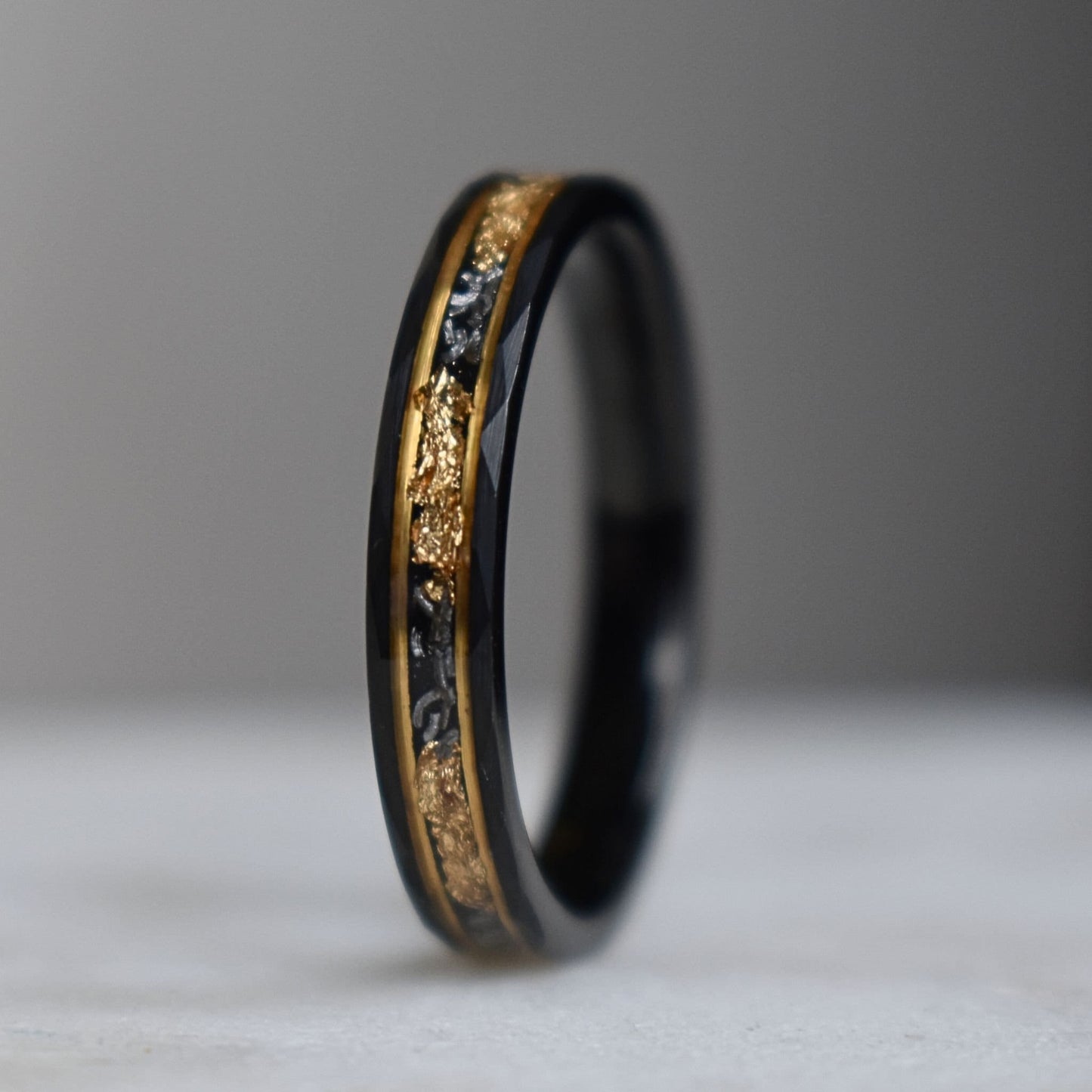 Hammered 4mm Black Tungsten Ring with 22K Gold Leaf and Meteorite Inlay