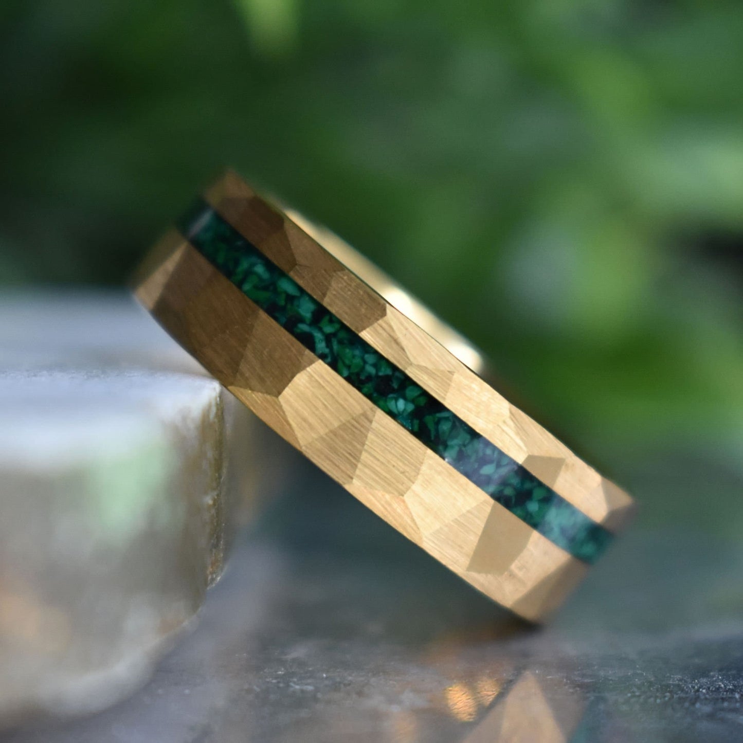 Tungsten 8mm Hammered Gold Ring with Malachite Inlay