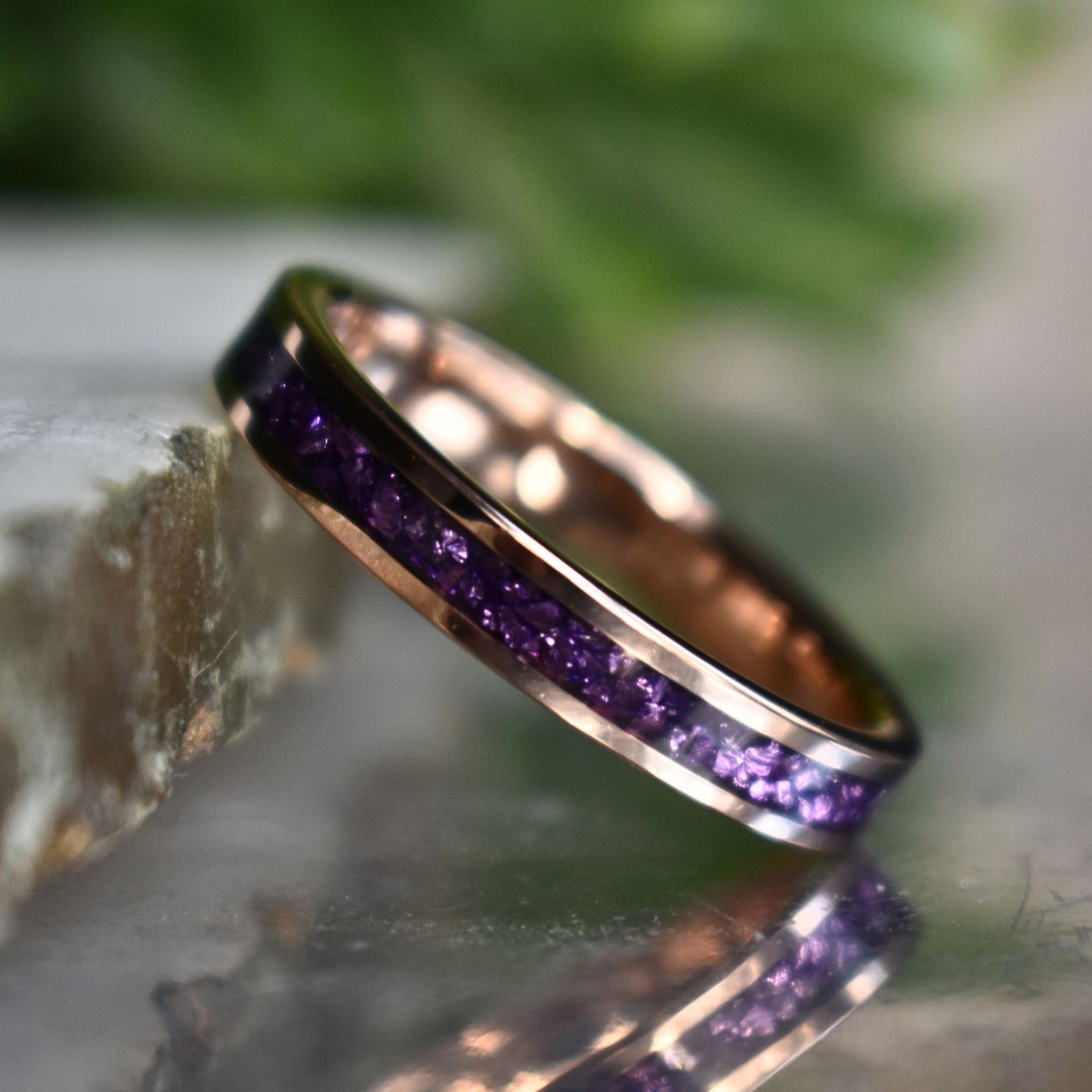 Tungsten 4mm Rose Gold Ring with Amethyst Inlay