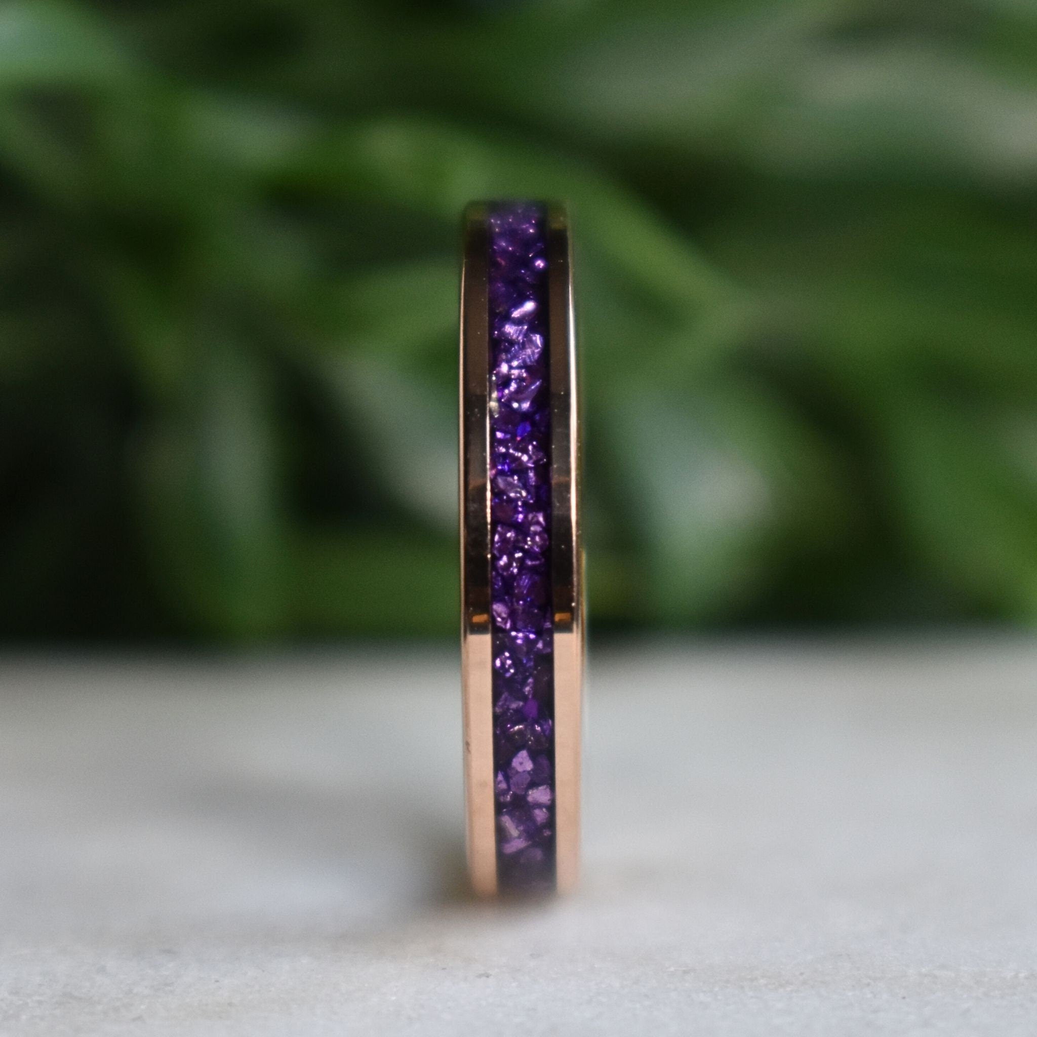 Tungsten 4mm Rose Gold Ring with Amethyst Inlay