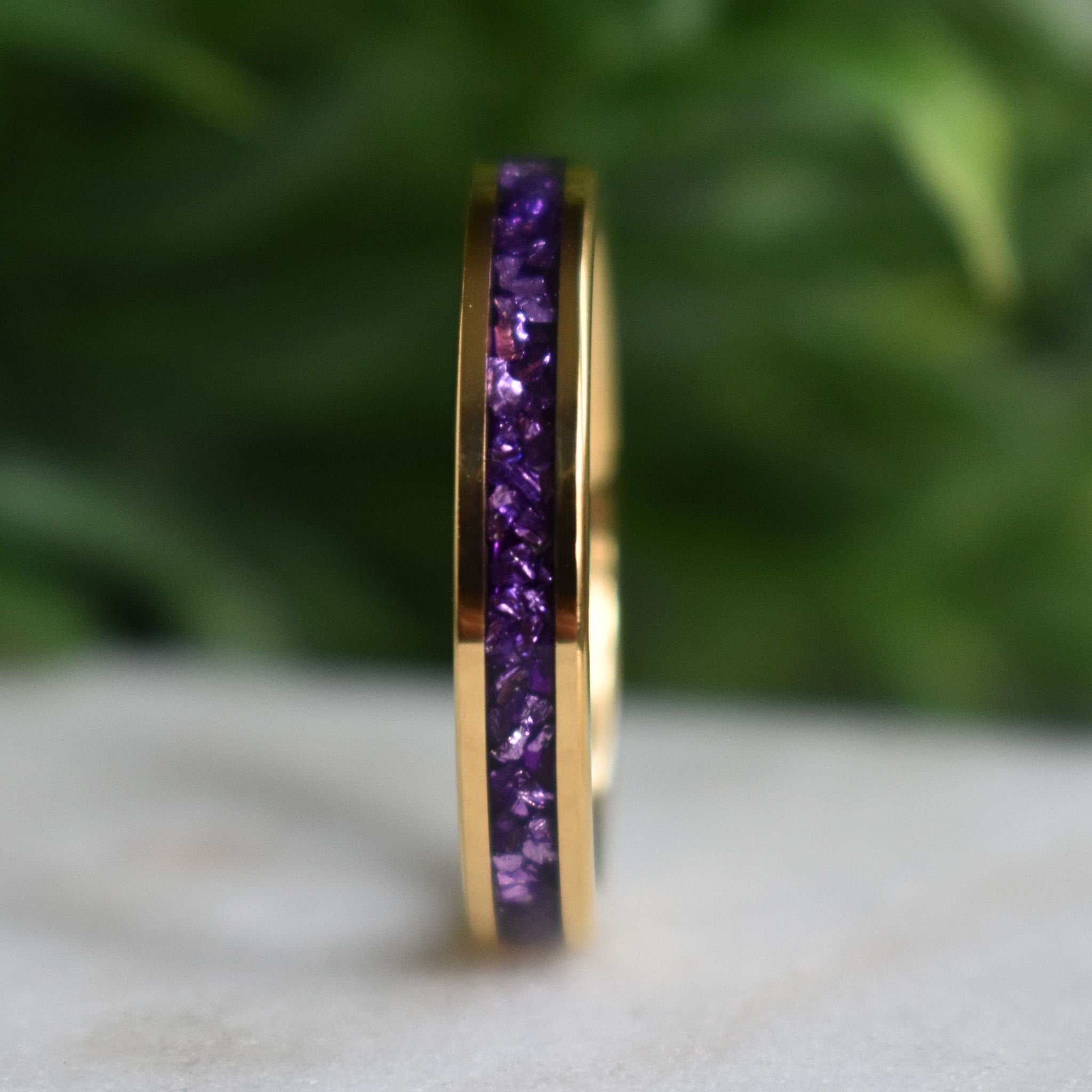 Tungsten 4mm Gold Ring with Amethyst Inlay