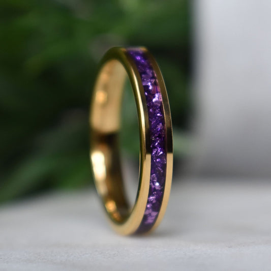 Tungsten 4mm Gold Ring with Amethyst Inlay