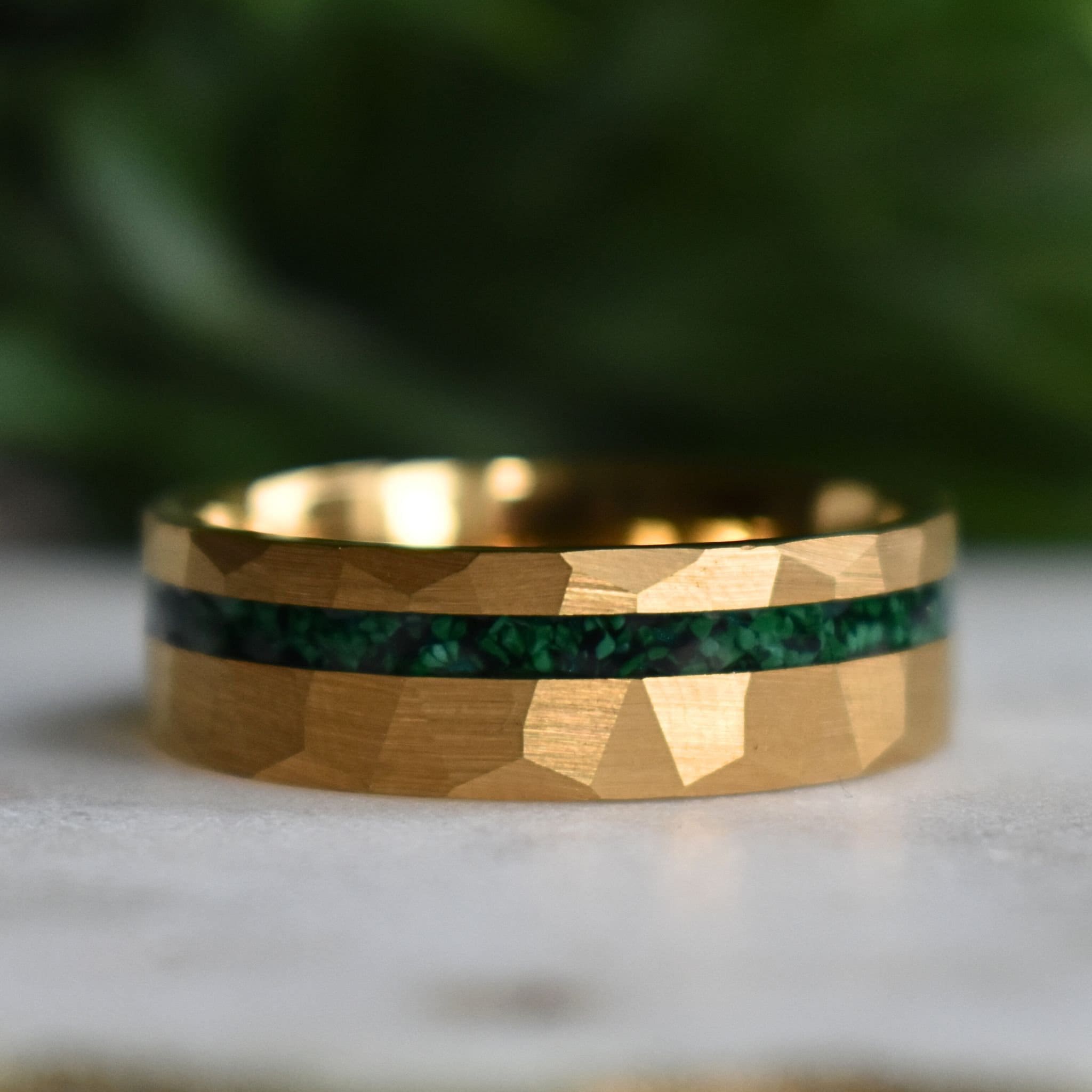 Tungsten 8mm Hammered Gold Ring with Malachite Inlay