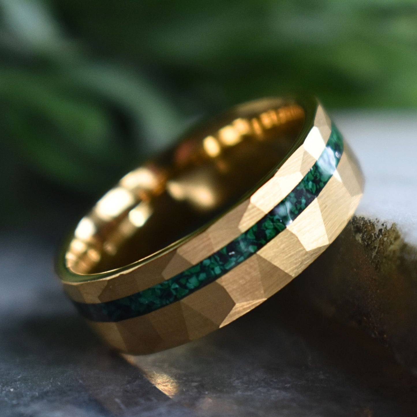 Tungsten 8mm Hammered Gold Ring with Malachite Inlay